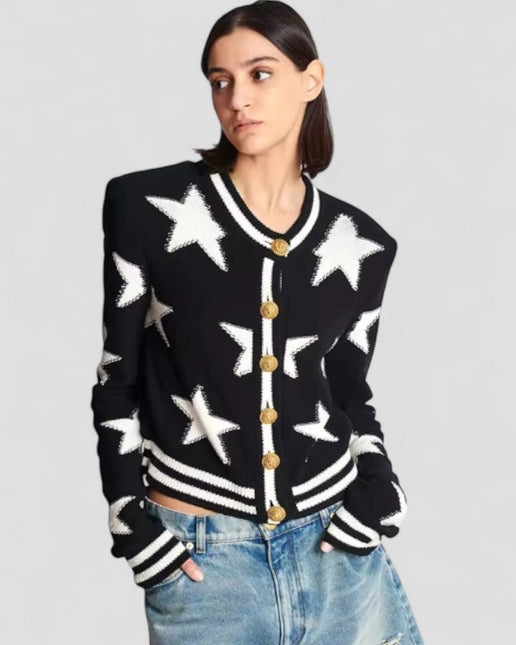 Women's Knit Cardigan with Star Embellishments and Gold Buttons