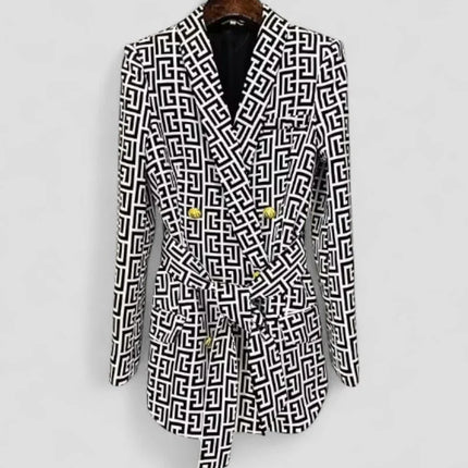 Women's Blazer Jacket Geometric Print Belted Elegant Fit