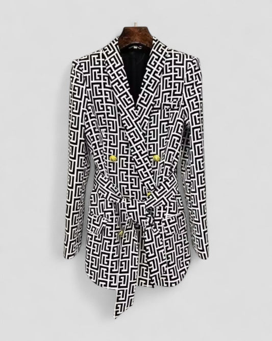 Women's Blazer Jacket Geometric Print Belted Elegant Fit