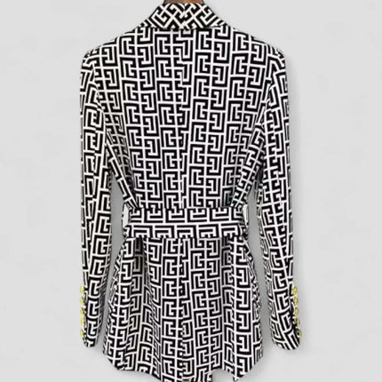 Women's Blazer Jacket Geometric Print Belted Elegant Fit
