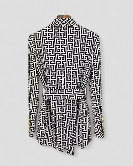 Women's Blazer Jacket Geometric Print Belted Elegant Fit