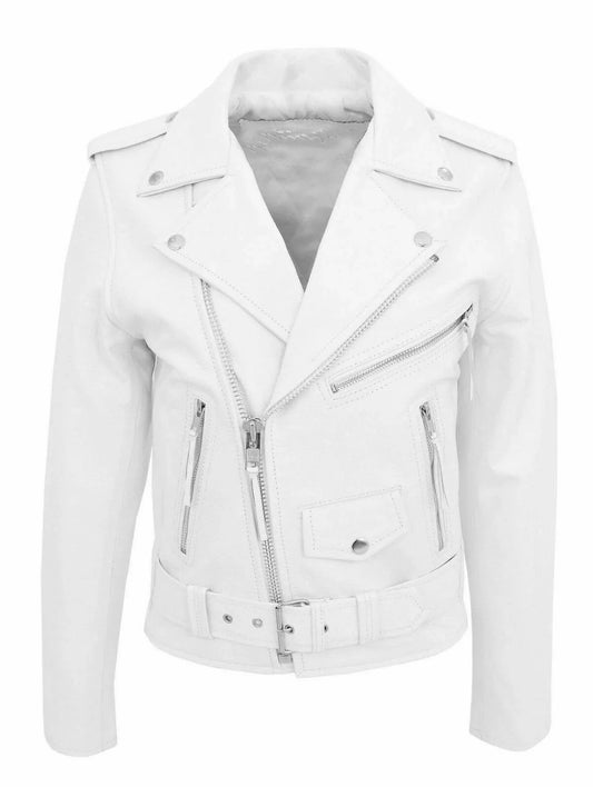 Men’s Leather Biker Jacket Asymmetrical Zip Lapel Collar Belted Waist