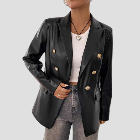 Women's Blazer Jacket Leather Double-Breasted