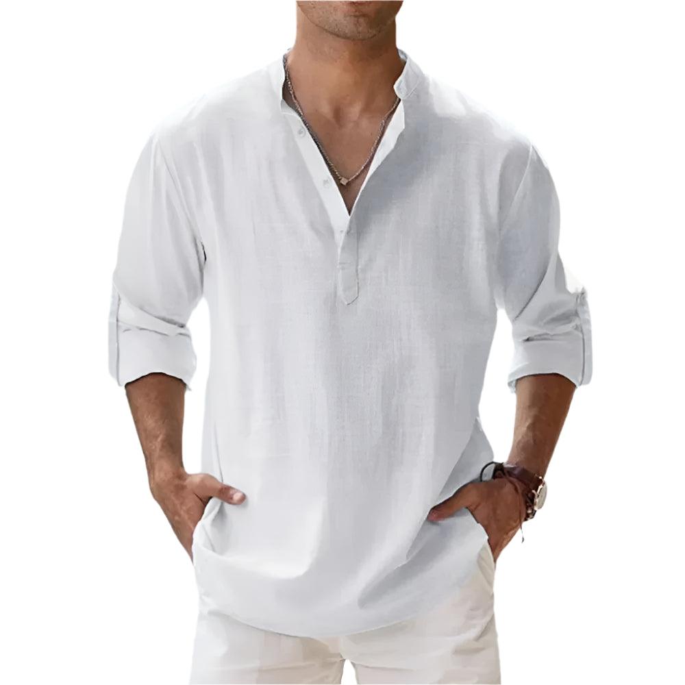 Men's Cotton Linen Henley Shirt | Short Sleeve Beachwear with Stand Collar