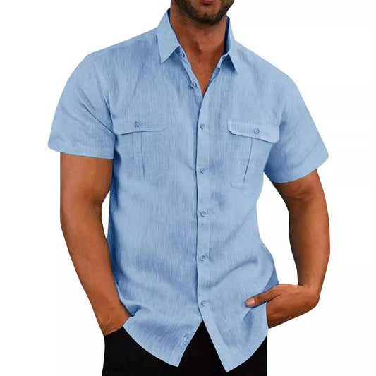Coastal Stroll Double Pocket Shirt | Men's Cotton Linen Short Sleeve Casualwear - northernnomad
