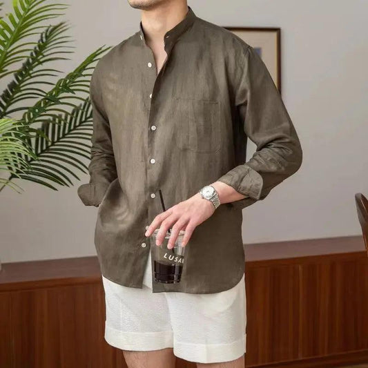 Men’s Linen Button-Up Shirt – Relaxed Fit Long Sleeve with Mandarin Collar