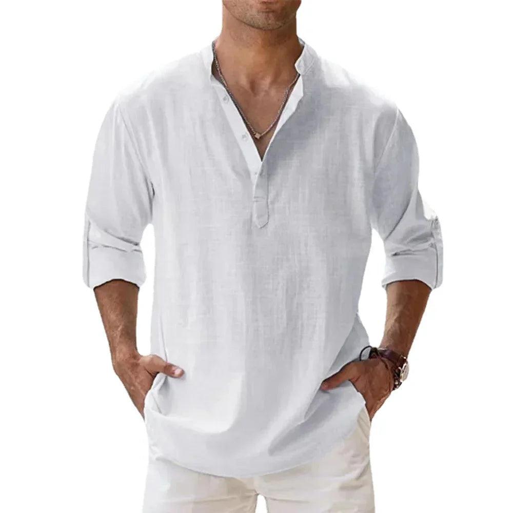 Men's Cotton Linen Henley Shirt | Short Sleeve Beachwear with Stand Collar