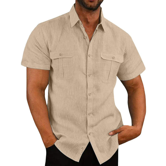 Coastal Stroll Double Pocket Shirt | Men's Cotton Linen Short Sleeve Casualwear - northernnomad