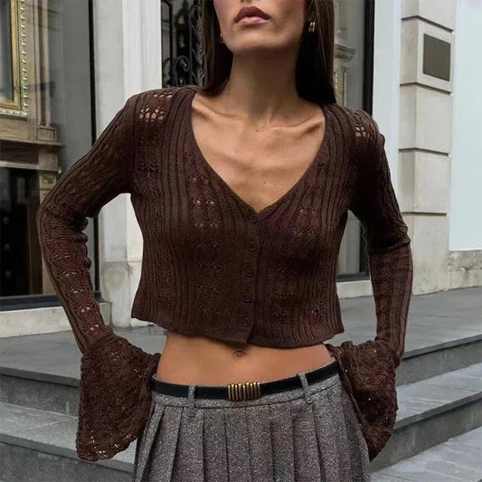 Women's Long Sleeve V Neck Crochet Cardigan
