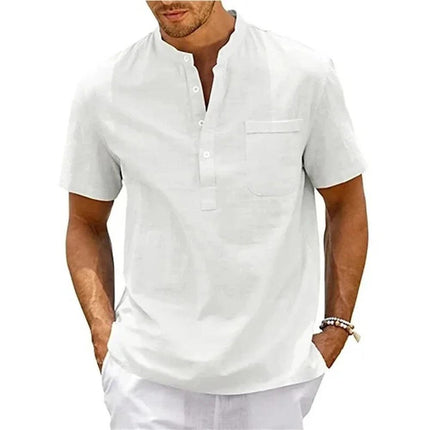 DuneCraft Henley | Men’s Cotton-Linen Pocket Tee for Summer Comfort - northernnomad