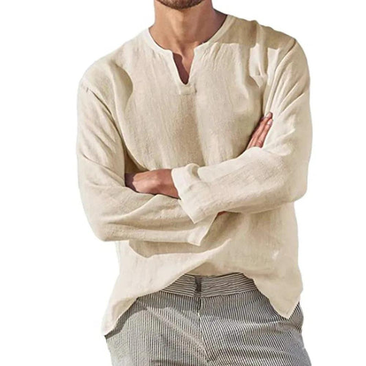 Breezewalk Linen Shirt | Men's V-Neck Long Sleeve Cotton Blend Pullover - northernnomad