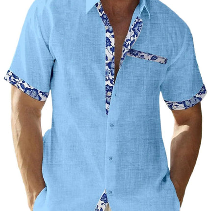 Men’s Button-Up Shirt Linen Floral Trim