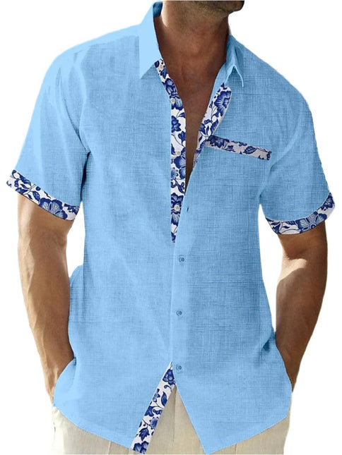 Men’s Button-Up Shirt Linen Floral Trim