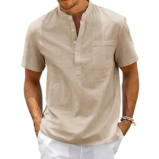 DuneCraft Henley | Men’s Cotton-Linen Pocket Tee for Summer Comfort - northernnomad