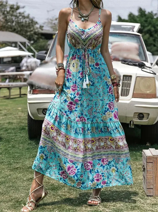 Women's Maxi Dress - Bohemian Style - Floral Print - V-Neck - Ruffled Hem - Tassel Detail