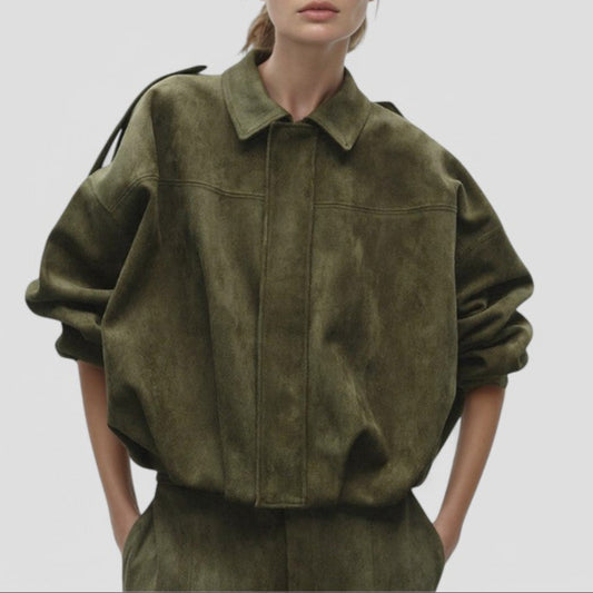 Women's Oversized Zip-Up Faux Suede Bomber Jacket