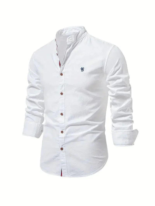 Men’s Slim Fit Cotton Blend Casual Shirt with Mandarin Collar and Long Sleeves