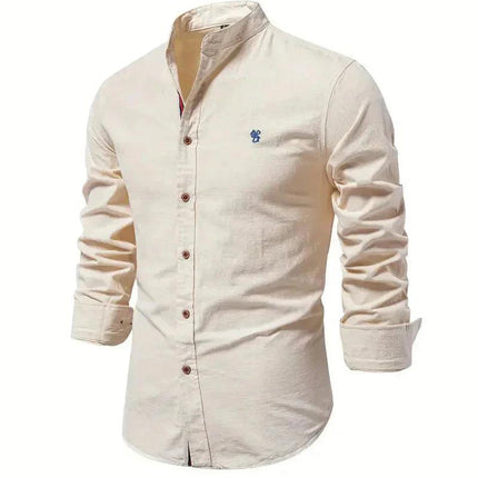 Men’s Slim Fit Cotton Blend Casual Shirt with Mandarin Collar and Long Sleeves