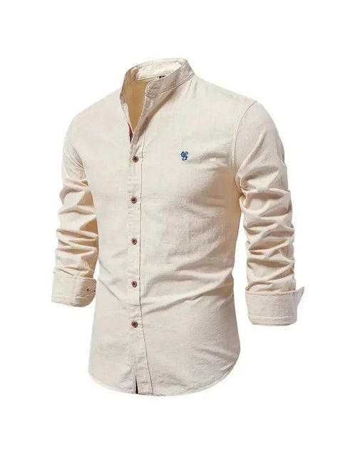 Men’s Slim Fit Cotton Blend Casual Shirt with Mandarin Collar and Long Sleeves