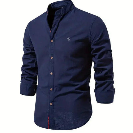 Men’s Slim Fit Cotton Blend Casual Shirt with Mandarin Collar and Long Sleeves