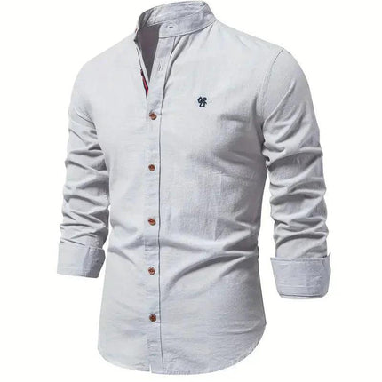 Men’s Slim Fit Cotton Blend Casual Shirt with Mandarin Collar and Long Sleeves