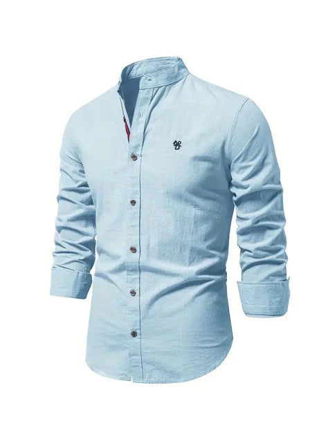 Men’s Slim Fit Cotton Blend Casual Shirt with Mandarin Collar and Long Sleeves