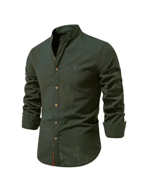 Men’s Slim Fit Cotton Blend Casual Shirt with Mandarin Collar and Long Sleeves