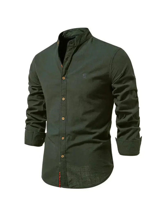 Men’s Slim Fit Cotton Blend Casual Shirt with Mandarin Collar and Long Sleeves