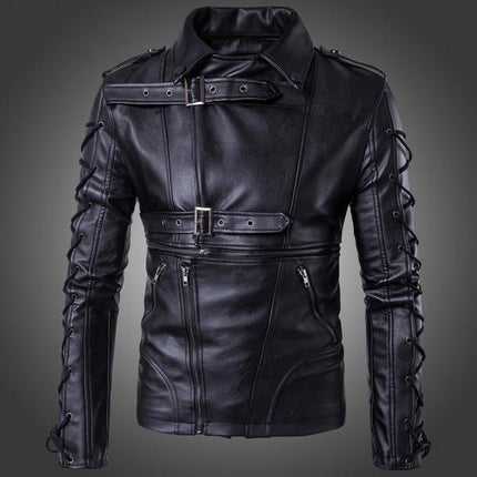 Men's Casual Motorcycle Jacket with Drawstring and Buckle
