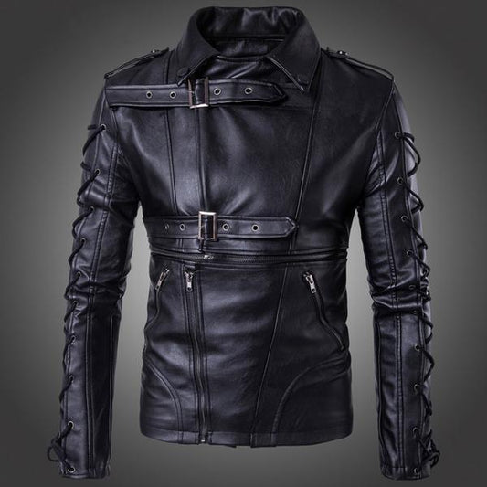 Men's Casual Motorcycle Jacket with Drawstring and Buckle