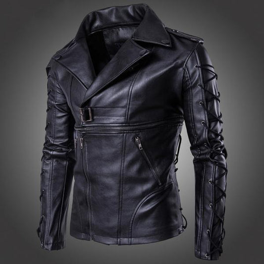 Men's Casual Motorcycle Jacket with Drawstring and Buckle