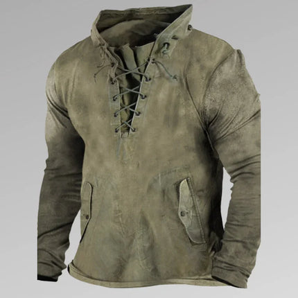 Men's Relaxed Fit Cotton Long-Sleeve Shirt with Lace-Up Neck and Button Pockets