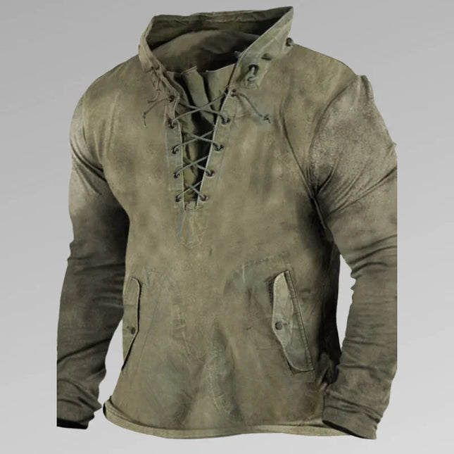 Men's Relaxed Fit Cotton Long-Sleeve Shirt with Lace-Up Neck and Button Pockets