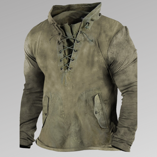Men's Relaxed Fit Cotton Long-Sleeve Shirt with Lace-Up Neck and Button Pockets