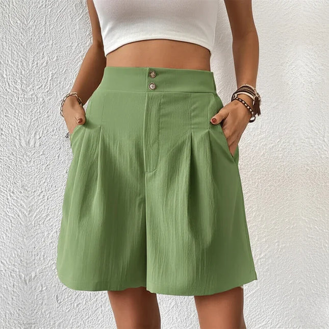 Women's High-Waisted Pleated Shorts with Pockets - Tailored Fit, Wide Leg