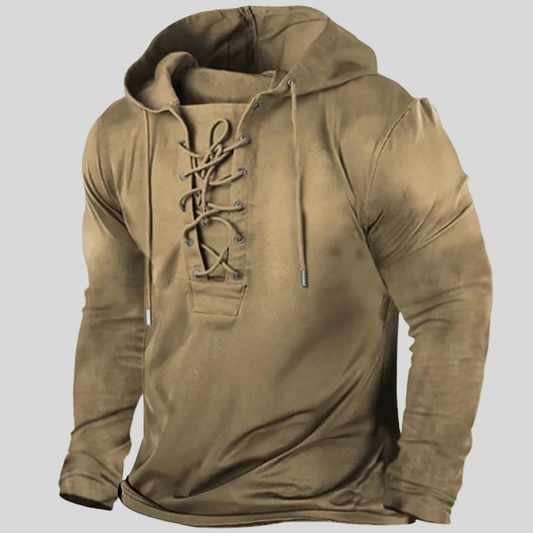 Men's Relaxed Fit Cotton Long-Sleeve Shirt with Lace-Up Neck and Button Pockets