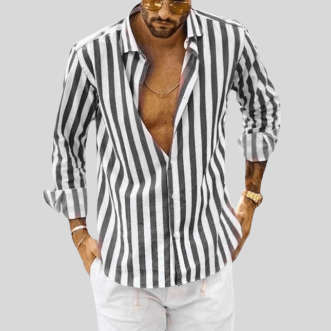 Men's Slim Fit Button-Up Shirt Vertical Stripe Long Sleeve Spread Collar