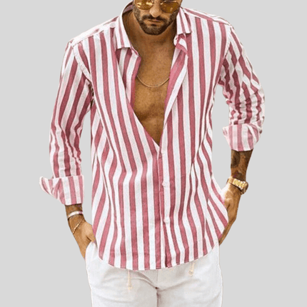 Men's Slim Fit Button-Up Shirt Vertical Stripe Long Sleeve Spread Collar