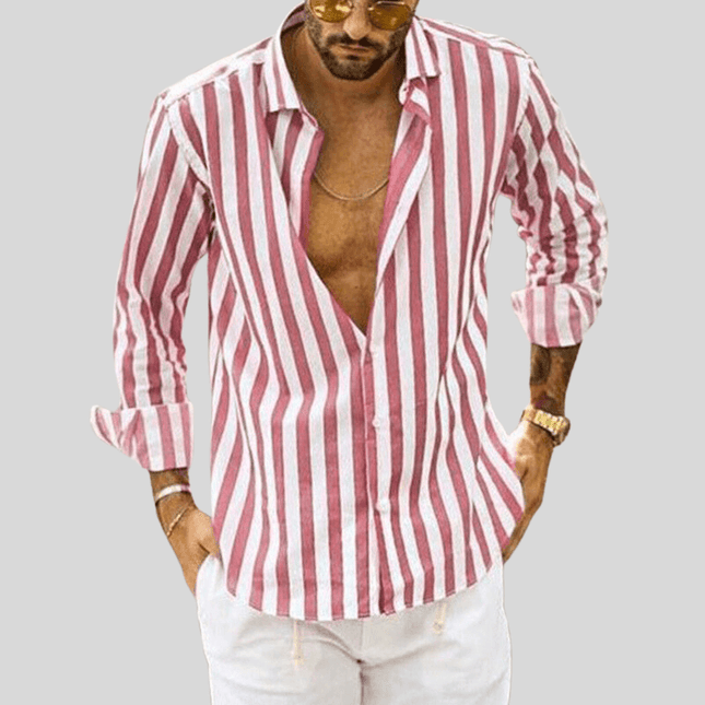 Men's Slim Fit Button-Up Shirt Vertical Stripe Long Sleeve Spread Collar