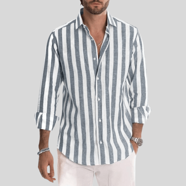 Men's Slim Fit Button-Up Shirt Vertical Stripe Long Sleeve Spread Collar