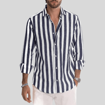 Men's Slim Fit Button-Up Shirt Vertical Stripe Long Sleeve Spread Collar
