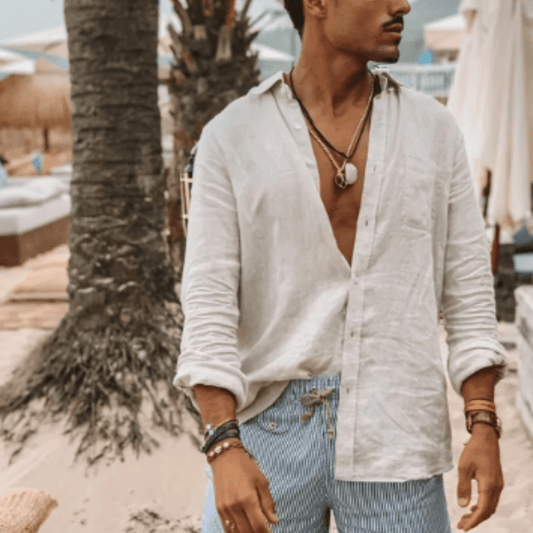 Men's Linen Long Sleeve Shirt - Relaxed Fit Stand Collar