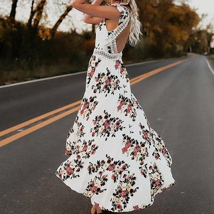 Women’s Maxi Dress - Sleeveless Flutter Sleeve - Lace Back - Tiered Flowy Skirt