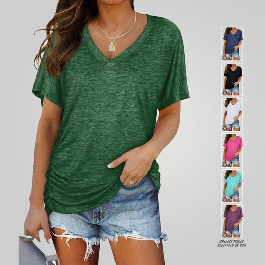Women's V Neck Dolman Top with Short Sleeves and Side Shirring