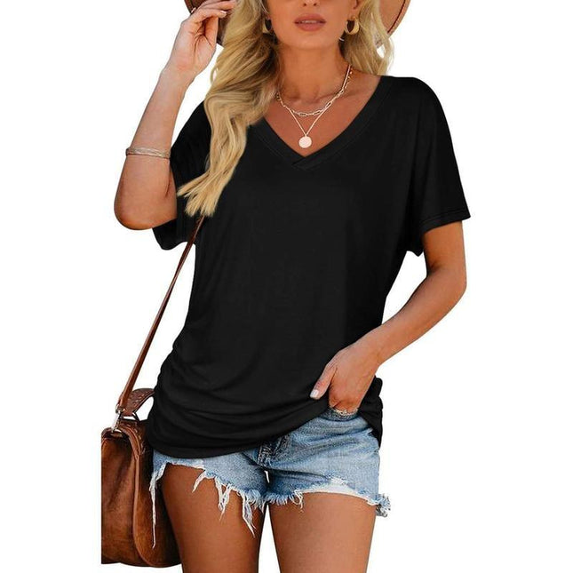 Women's V Neck Dolman Top with Short Sleeves and Side Shirring