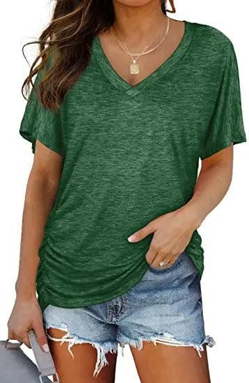 Women's V Neck Dolman Top with Short Sleeves and Side Shirring
