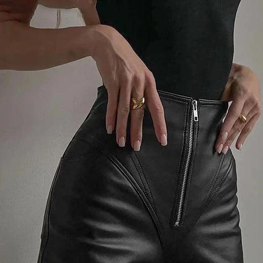 Women's Fitted High-Waisted Leather Look Pants with Front Zip Detail