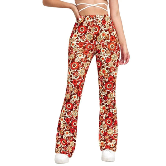 Women's Flared Trousers Stretchy Fabric Floral Print High Waist