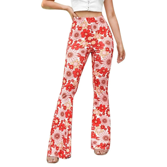 Women's Flared Trousers Stretchy Fabric Floral Print High Waist
