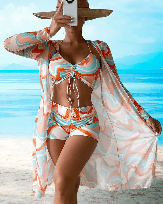 Women's Sheer Cardigan Beachwear Set - Ruched Bikini Top & High-Waist Shorts